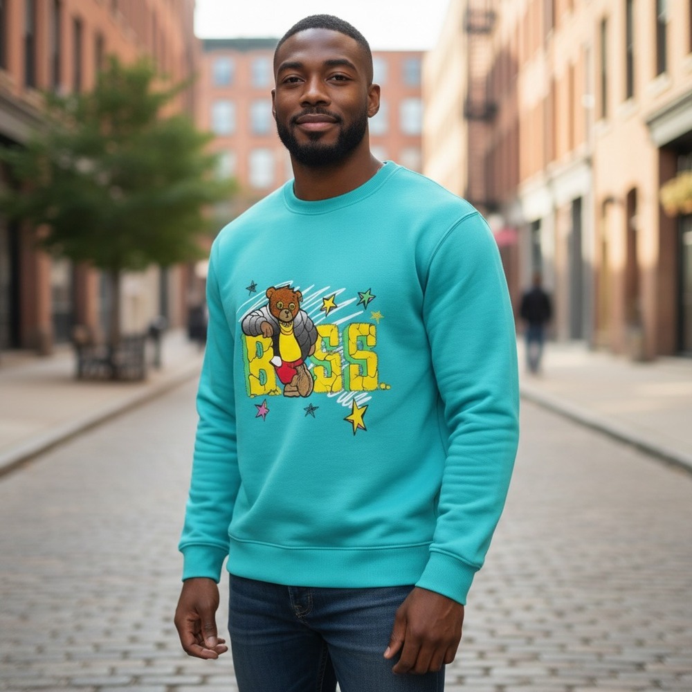 Bleeker & Mercer L Turquoise Boss Bear Graphic Sweatshirt Y2K Streetwear Hip Hop